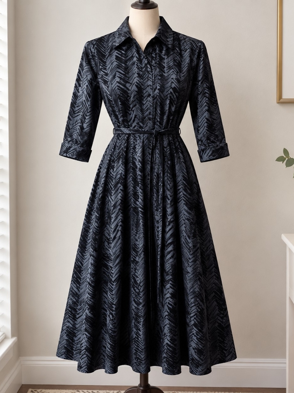 David Meister Black V-Pattern Shirtwaist Midi Dress with Tie Belt